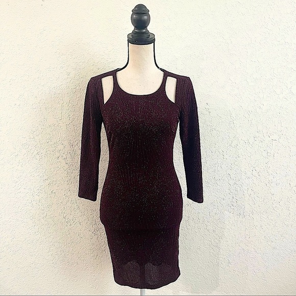 TRIXXI Juniors Dark Purple Sequin Elbow Sleeve Cut Out Dress Size Small Bodycon - Picture 1 of 7